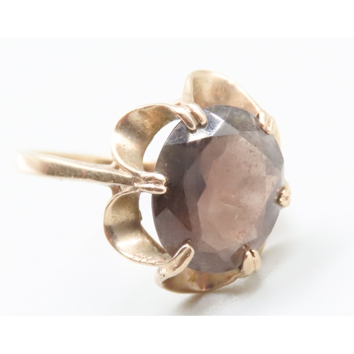 217 - Six Claw Set Smoky Quartz Single Stone Ring Flower Form Mounted in 9 Carat Yellow Gold Ring Size M a... 