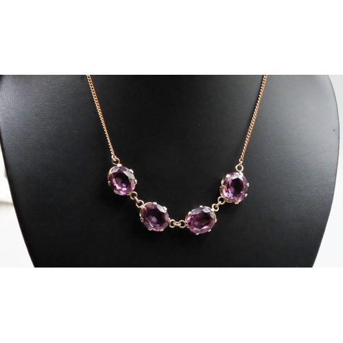 220 - Four Stone Violet Amethyst Basket Set Necklace Mounted in 9 Carat Yellow Gold 48cm Long