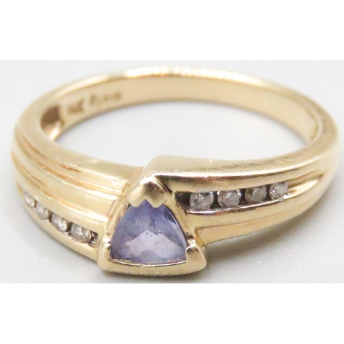 23 - Triangle Cut Amethyst Set Ring Mounted in 14 Carat Yellow Gold Further Diamond Inset to Shoulders Ri... 