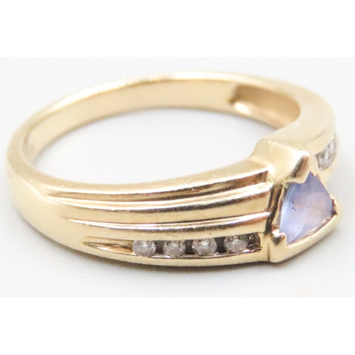 23 - Triangle Cut Amethyst Set Ring Mounted in 14 Carat Yellow Gold Further Diamond Inset to Shoulders Ri... 