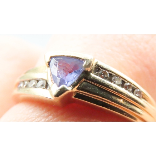 23 - Triangle Cut Amethyst Set Ring Mounted in 14 Carat Yellow Gold Further Diamond Inset to Shoulders Ri... 