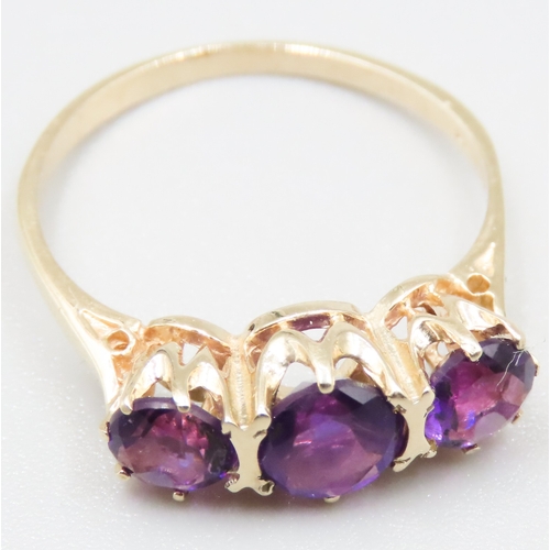 238 - Amethyst Set Three Stone Ring Mounted in 9 Carat Yellow Gold Ring Size P As New Unworn Inherited Jew... 