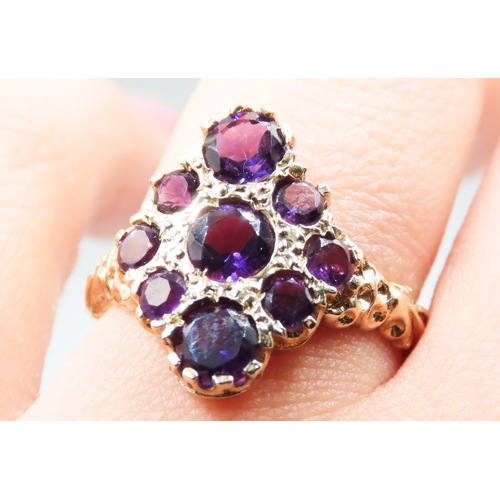 242 - Unusual Form Amethyst Set Nine Stone Ring Mounted in 9 Carat Yellow Gold Ring Size Q As New Unworn I... 