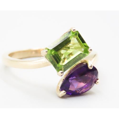 244 - Amethyst and Peridot Moi et Toi Wrap Around Form Ring Mounted in 9 Carat Yellow Gold Ring Size O As ... 