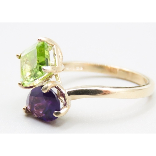 244 - Amethyst and Peridot Moi et Toi Wrap Around Form Ring Mounted in 9 Carat Yellow Gold Ring Size O As ... 