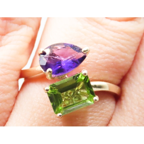 244 - Amethyst and Peridot Moi et Toi Wrap Around Form Ring Mounted in 9 Carat Yellow Gold Ring Size O As ... 