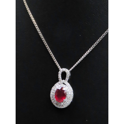 253 - Russian Ruby Set Pendant with Diamond Set Double Halo Surround Mounted in 9 Carat White Gold 2cm Hig... 