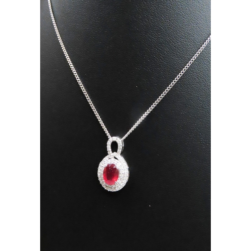 253 - Russian Ruby Set Pendant with Diamond Set Double Halo Surround Mounted in 9 Carat White Gold 2cm Hig... 