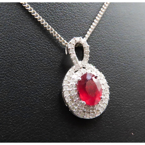 253 - Russian Ruby Set Pendant with Diamond Set Double Halo Surround Mounted in 9 Carat White Gold 2cm Hig... 