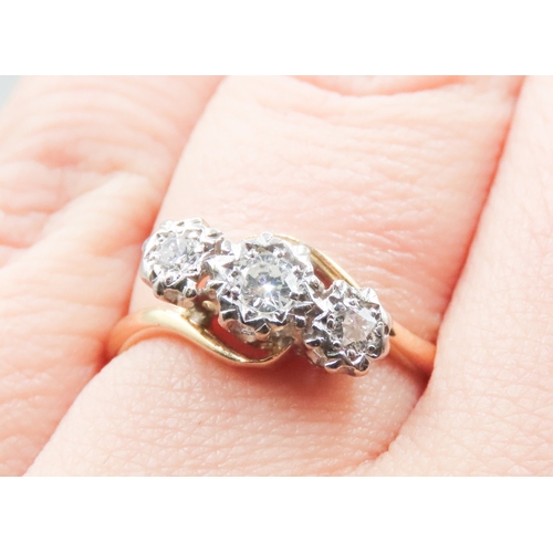 271 - Diamond Three Stone Rub over Set in Platinum Mounted on 18 Carat Yellow Gold Ring Size O