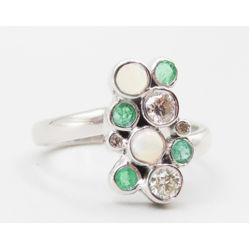 272 - Diamond Opal and Emerald Bezel Set Cluster Ring Attractively Detailed Mounted in 9 Carat White Gold ... 