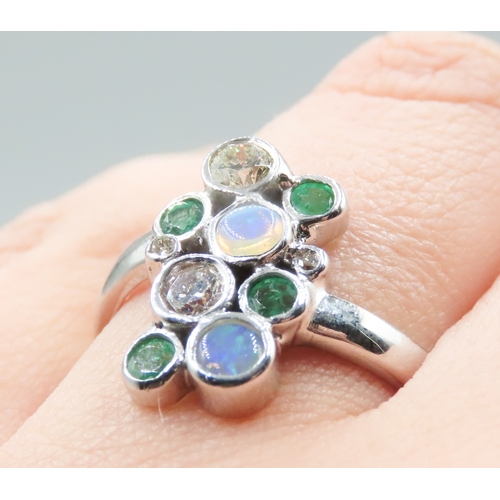 272 - Diamond Opal and Emerald Bezel Set Cluster Ring Attractively Detailed Mounted in 9 Carat White Gold ... 