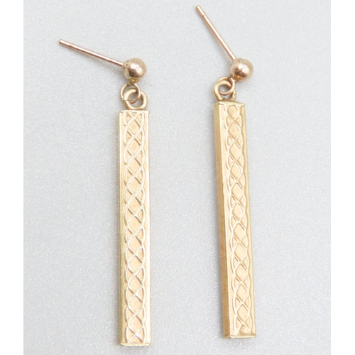 279 - Pair of 9 Carat Yellow Gold Bar Drop Earrings Braid Motif 3cm High