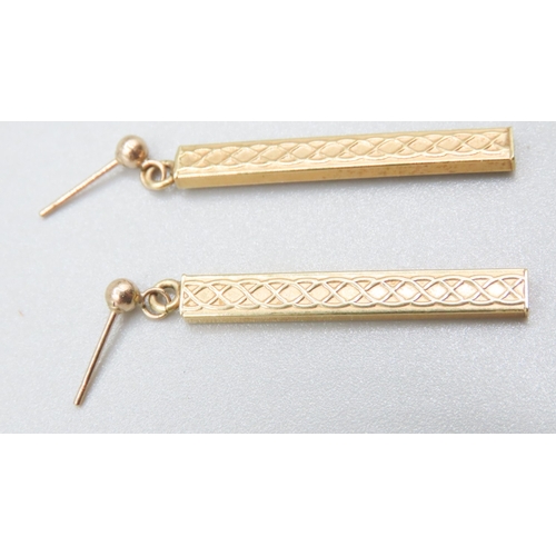 279 - Pair of 9 Carat Yellow Gold Bar Drop Earrings Braid Motif 3cm High