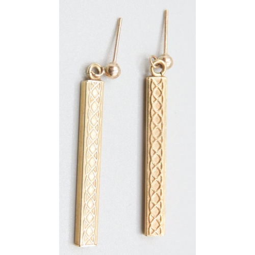 279 - Pair of 9 Carat Yellow Gold Bar Drop Earrings Braid Motif 3cm High