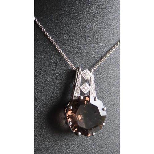 284 - Smoky Quartz Eight Claw Octagon Pendant Inset with Diamonds Set in 9 Carat White Gold 2.5cm High  Fu... 