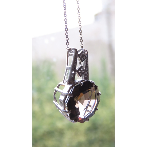 284 - Smoky Quartz Eight Claw Octagon Pendant Inset with Diamonds Set in 9 Carat White Gold 2.5cm High  Fu... 