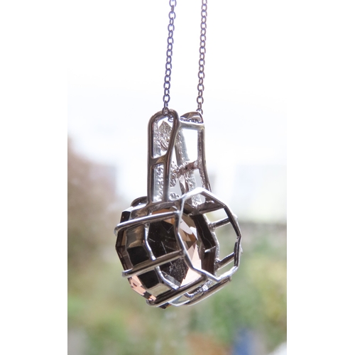 284 - Smoky Quartz Eight Claw Octagon Pendant Inset with Diamonds Set in 9 Carat White Gold 2.5cm High  Fu... 