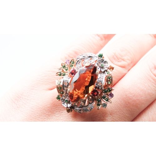 324 - Belle Epoch Champagne Citrine Diamond Ruby and Emerald Cluster Surround  Mounted on 14 Carat Rose Go... 