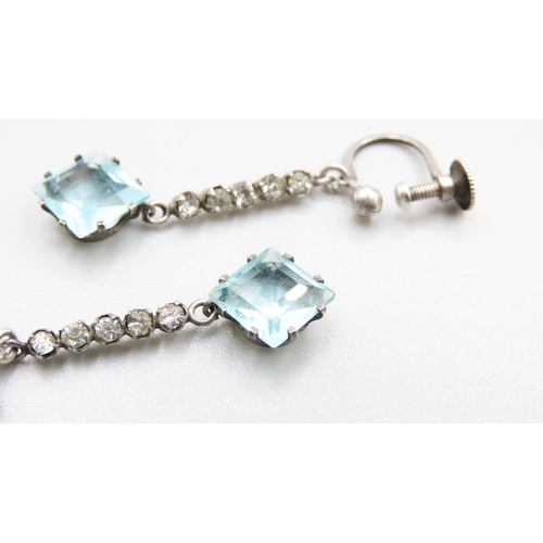 325 - Square Cut Aquamarine and Gemstone Set Ladies Drop Earrings Set in Silver Each 3cm Drop