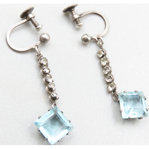 325 - Square Cut Aquamarine and Gemstone Set Ladies Drop Earrings Set in Silver Each 3cm Drop