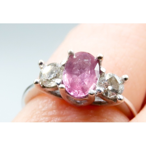 333 - Pink Sapphire and Diamond Trellis Set Three Stone Ring Mounted in 18 Carat White Gold Total Sapphire... 