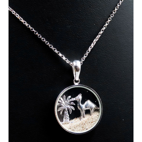 335 - Damas 18 Carat White Gold Camel and Palm Tree Motif Sand Filled Pendant 2cm High Set on 18 Carat Whi... 