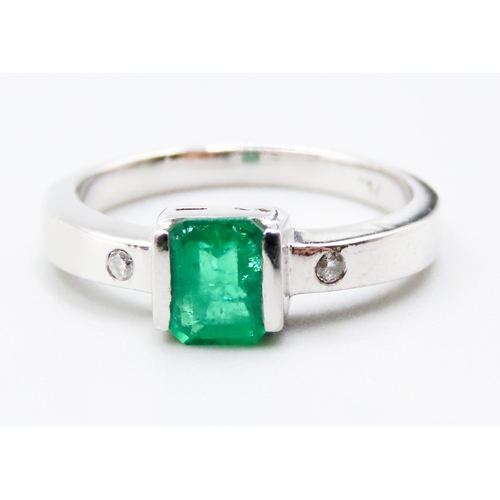 339 - Emerald Half Bezel Set Ring with Diamond Inset to Shoulders Mounted in 18 Carat White Gold Ring Size... 