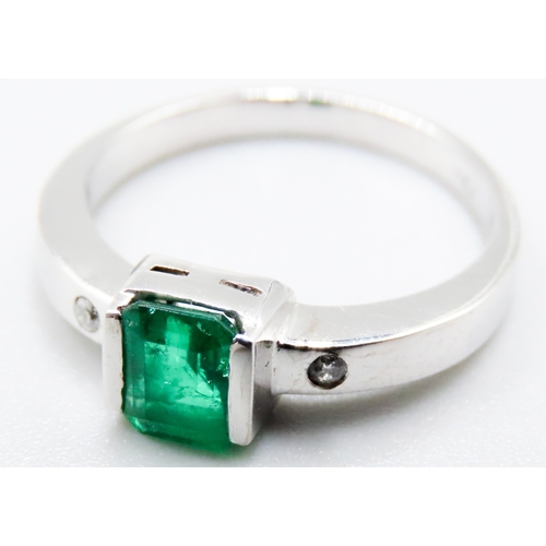 339 - Emerald Half Bezel Set Ring with Diamond Inset to Shoulders Mounted in 18 Carat White Gold Ring Size... 