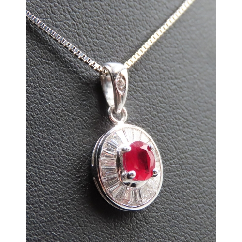 345 - Natural Ruby Centre Stone with Tapered Baguette Cut Diamond Set Halo Surround Pendant further Diamon... 