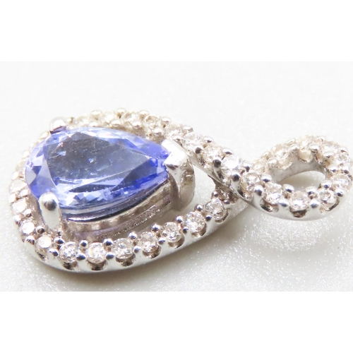 354 - Pear Cut AAA Tanzanite and Diamond Set Pendant Mounted in Silver 2cm High