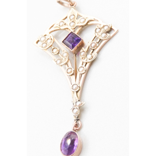 358 - Finely Detailed Amethyst and Seed Pearl Set Pendant Mounted in 9 Carat Rose Gold 5cm High