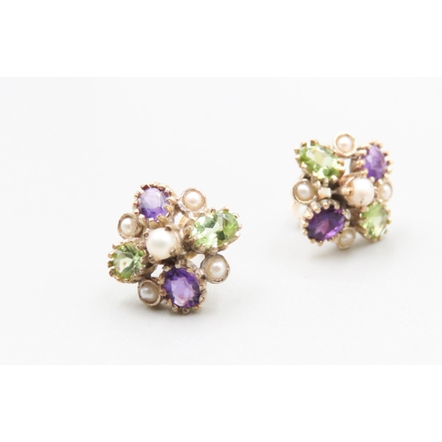 360 - Pair of Attractively Detailed Peridot Amethyst and Seed Pearl Set Earrings Mounted in 9 Carat Yellow... 