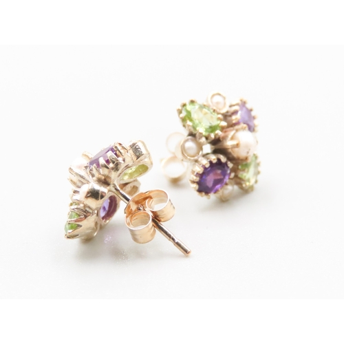 360 - Pair of Attractively Detailed Peridot Amethyst and Seed Pearl Set Earrings Mounted in 9 Carat Yellow... 