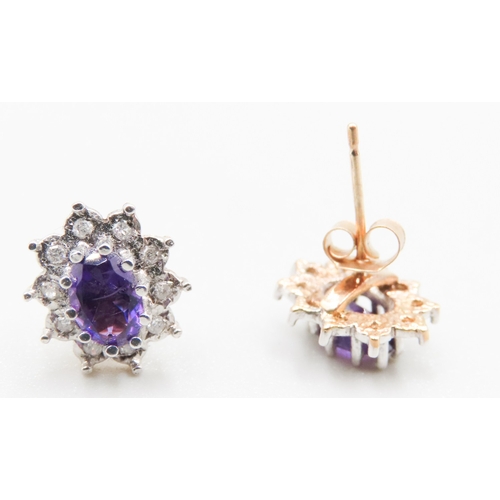 361 - Pair of Amethyst and Diamond Set Ladies Cluster Earrings Mounted in 9 Carat Yellow and White Gold 1c... 