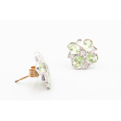 363 - Pair of Peridot and Diamond Set Daisy Form Earrings Mounted in 9 Carat Yellow and White Gold 1cm Hig... 