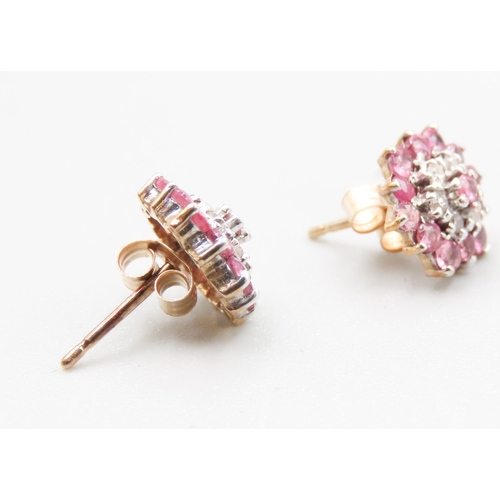 364 - Pair of Pink Garnet and Diamond Set Ladies Cluster Earrings Mounted in 9 Carat Yellow Gold 1cm High