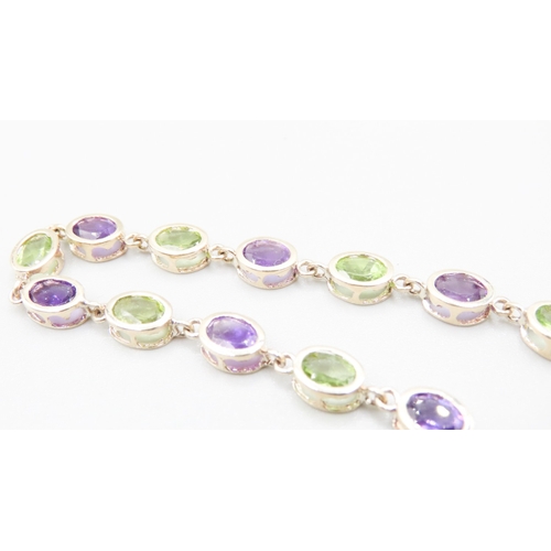 370 - Fifteen Stone Peridot and Amethyst Bezel Set Bracelet Mounted in 9 Carat Yellow Gold 19.5cm Long