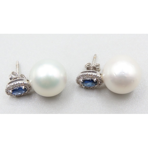 389 - Pair of Sapphire and Diamond Set Ladies Pearl Earrings Set in 18 Carat White Gold Each 2.5cm High