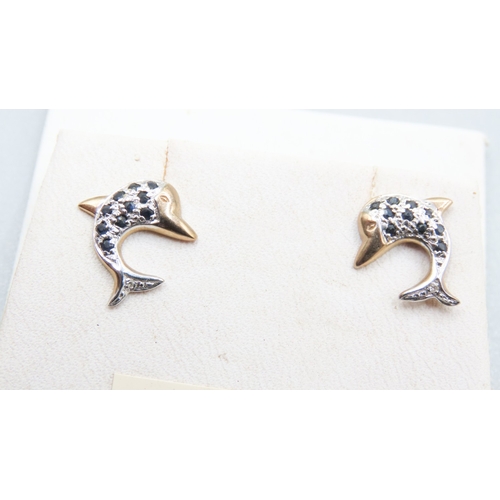 397 - Pair of Sapphire Set Dolphin Motif Earrings Mounted in 9 Carat White and Yellow Gold 1.5cm High As N... 