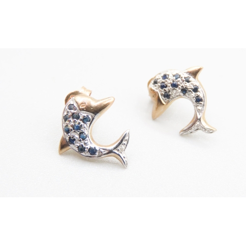 397 - Pair of Sapphire Set Dolphin Motif Earrings Mounted in 9 Carat White and Yellow Gold 1.5cm High As N... 