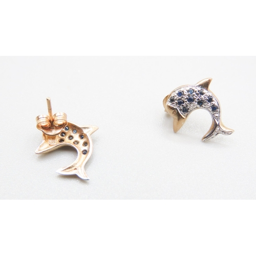 397 - Pair of Sapphire Set Dolphin Motif Earrings Mounted in 9 Carat White and Yellow Gold 1.5cm High As N... 