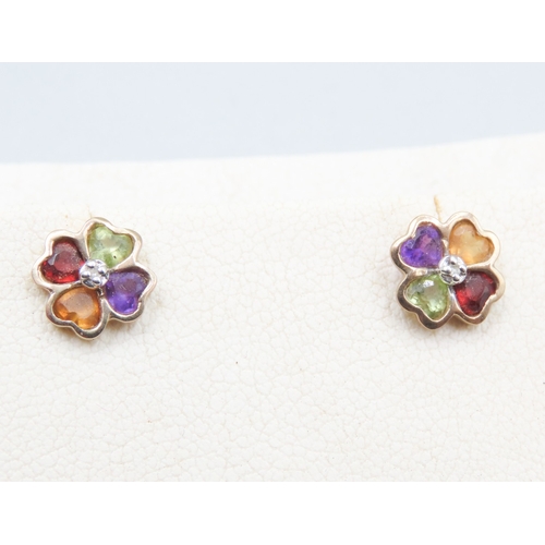 398 - Pair of Tutti Frutti Clover Form Earrings Set in 9 Carat Yellow Gold 8mm High As New Unworn Jeweller... 