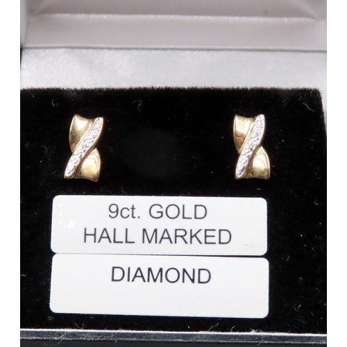 399 - Pair of Diamond Set Crossover Form Earrings Mounted in 9 Carat Yellow Gold 1cm High As New Unworn Je... 