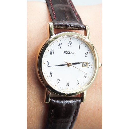 423 - Seiko Ladies Japan Movement Wristwatch Date Aperture Brown Leather Strap As New Unworn Shop Tag Pres... 