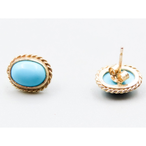 437 - Pair of Turquoise Set Ladies Earrings Mounted in 9 Carat Yellow Gold 1cm High