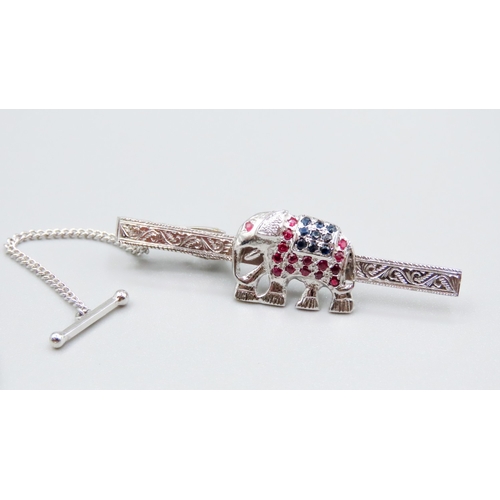 447 - Ruby and Sapphire Set Silver Indian Elephant Motif Pendant Necklace Cufflinks and Matching Tie Clip