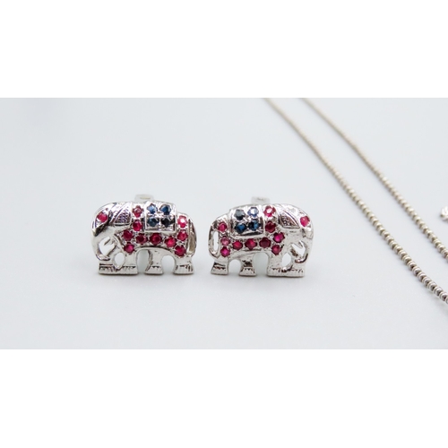 447 - Ruby and Sapphire Set Silver Indian Elephant Motif Pendant Necklace Cufflinks and Matching Tie Clip