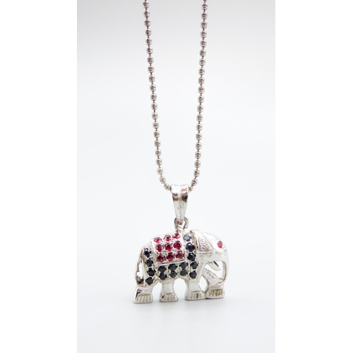 447 - Ruby and Sapphire Set Silver Indian Elephant Motif Pendant Necklace Cufflinks and Matching Tie Clip