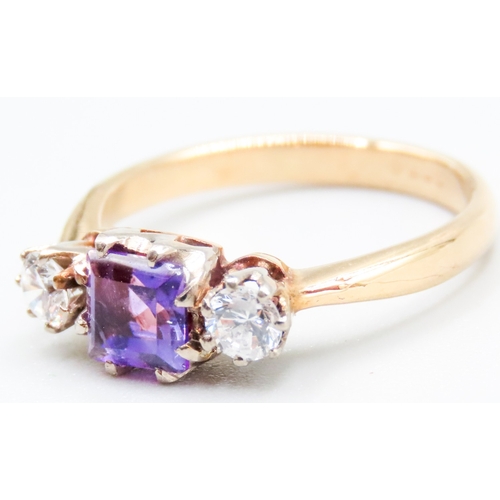 455 - Amethyst and Gemstone Three Stone Ring Mounted in 18 Carat Yellow Gold Ring Size Q